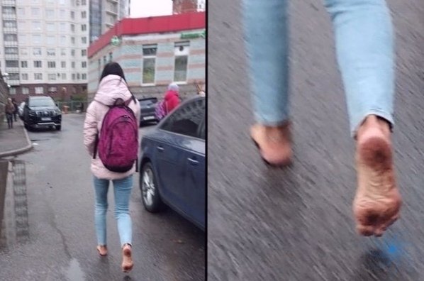 В приморском районе девушка ходит босиком в дождь и холод